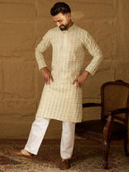 Men Off White Cotton Solid Printed Straight Kurta-MKU1702