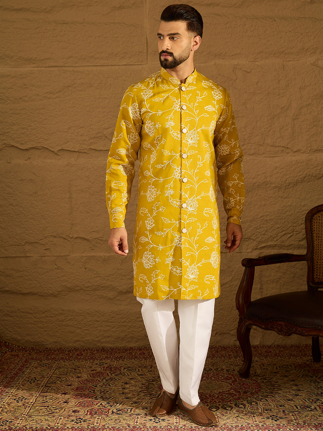 Men Yellow Viscose Rayon Solid Embroidered Straight Kurta-MKU1703