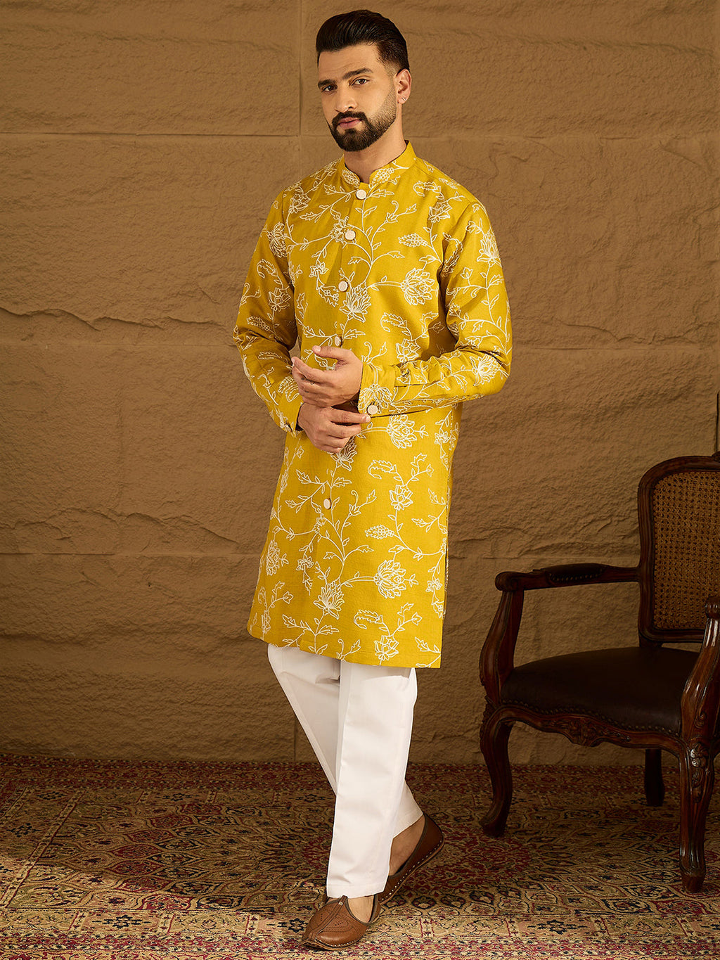 Men Yellow Viscose Rayon Solid Embroidered Straight Kurta-MKU1703