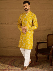 Men Yellow Viscose Rayon Solid Embroidered Straight Kurta-MKU1703