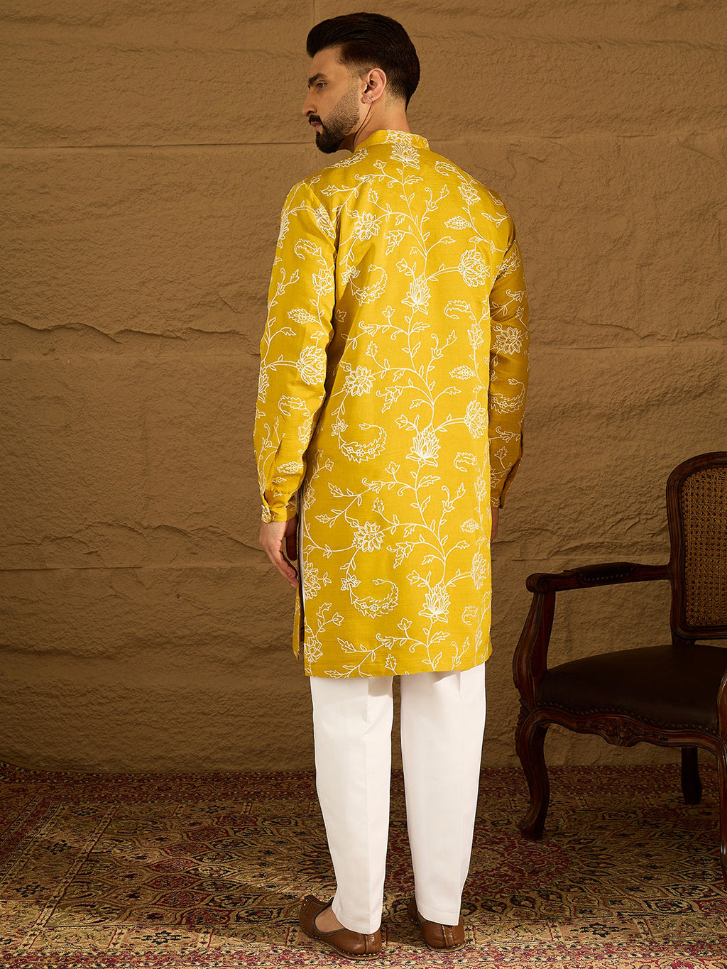 Men Yellow Viscose Rayon Solid Embroidered Straight Kurta-MKU1703