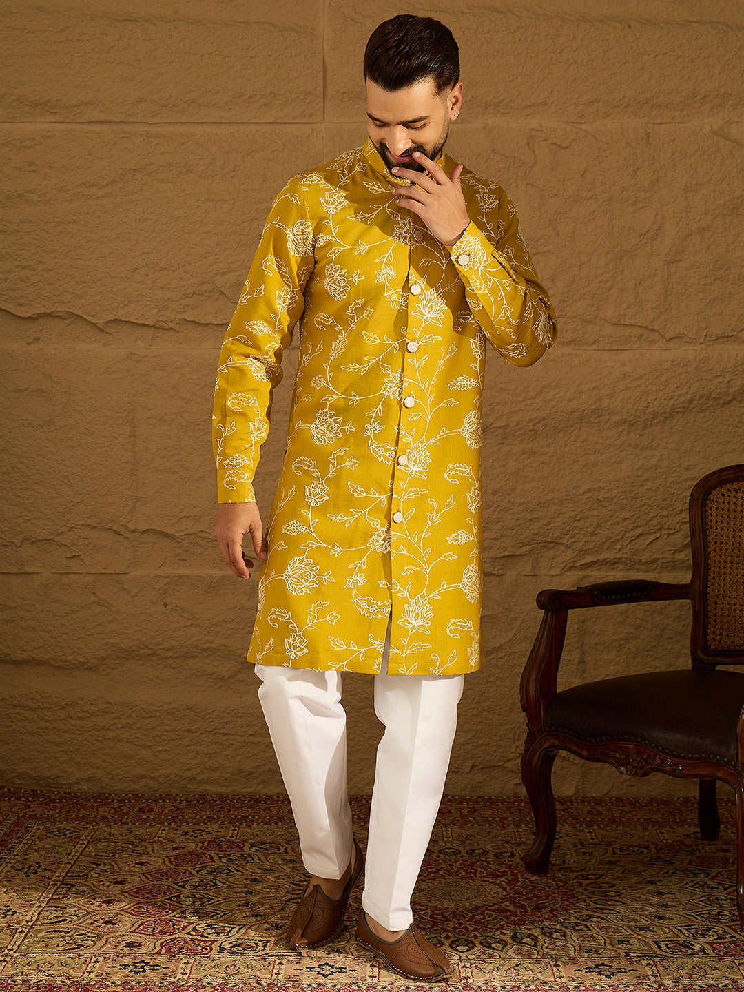 Men Yellow Viscose Rayon Solid Embroidered Straight Kurta-MKU1703