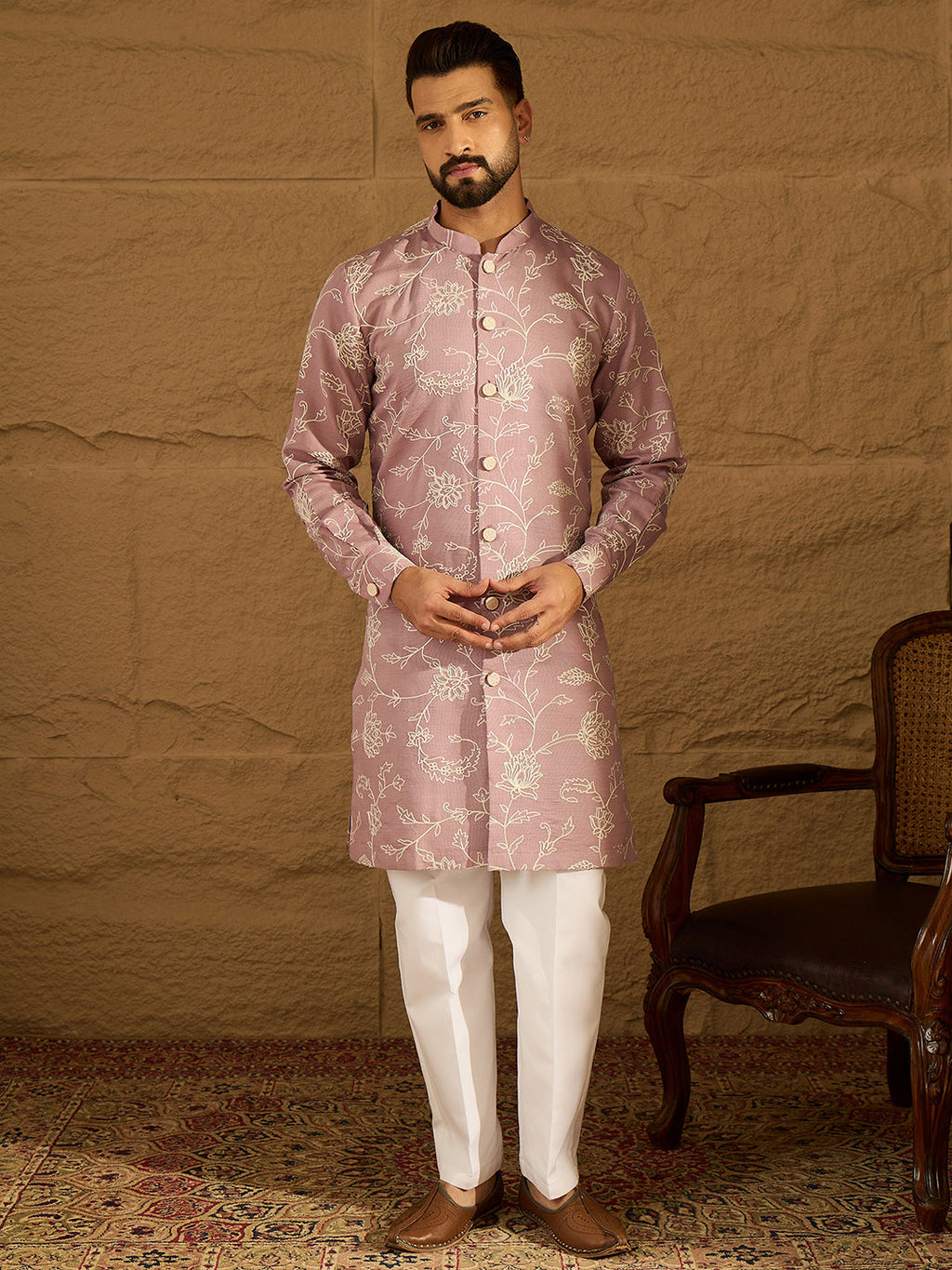Men Lavender Viscose Rayon Solid Embroidered Straight Kurta-MKU1704