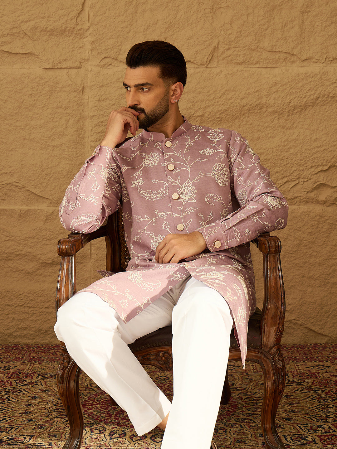 Men Lavender Viscose Rayon Solid Embroidered Straight Kurta-MKU1704