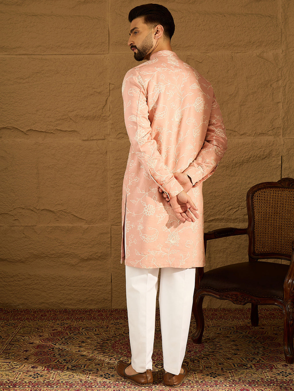 Men Peach Viscose Rayon Solid Embroidered Straight Kurta-MKU1705
