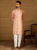 Men Peach Viscose Rayon Solid Embroidered Straight Kurta-MKU1705