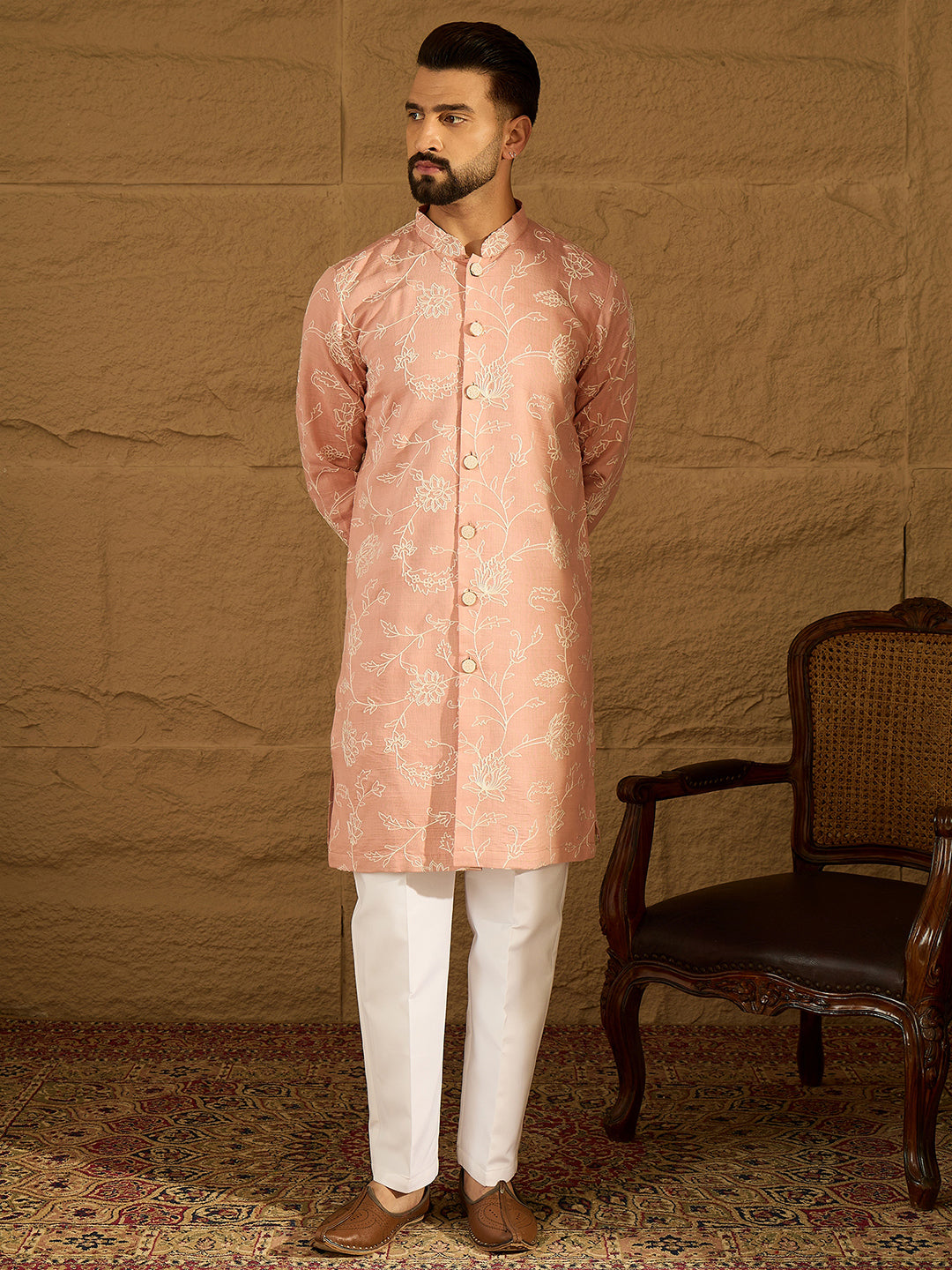 Men Peach Viscose Rayon Solid Embroidered Straight Kurta-MKU1705