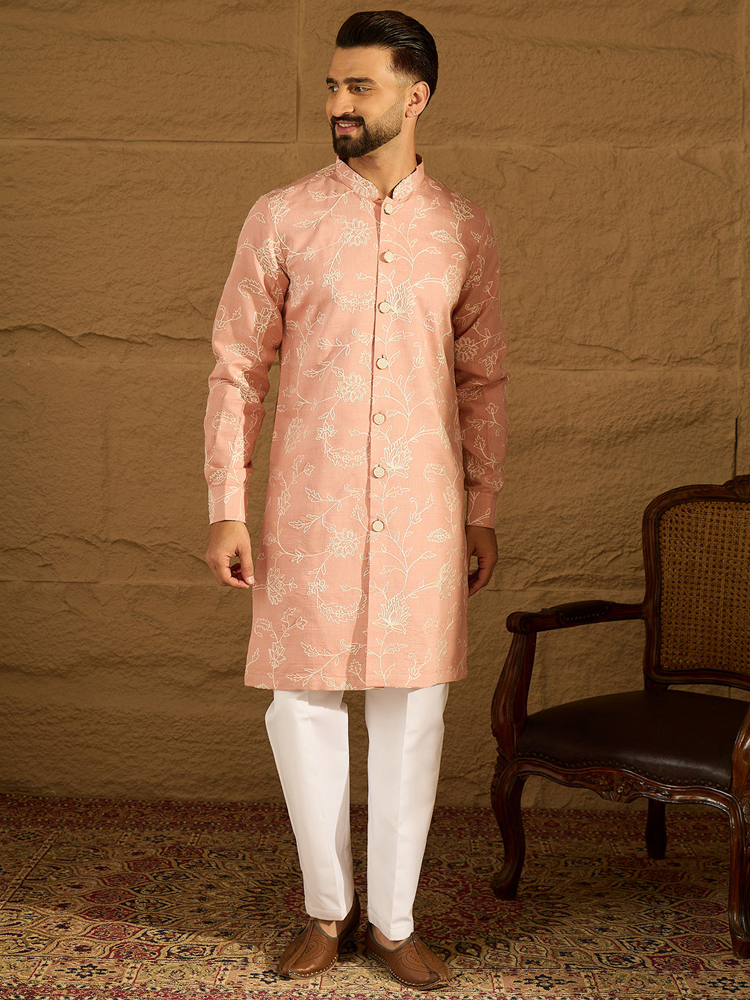 Men Peach Viscose Rayon Solid Embroidered Straight Kurta-MKU1705