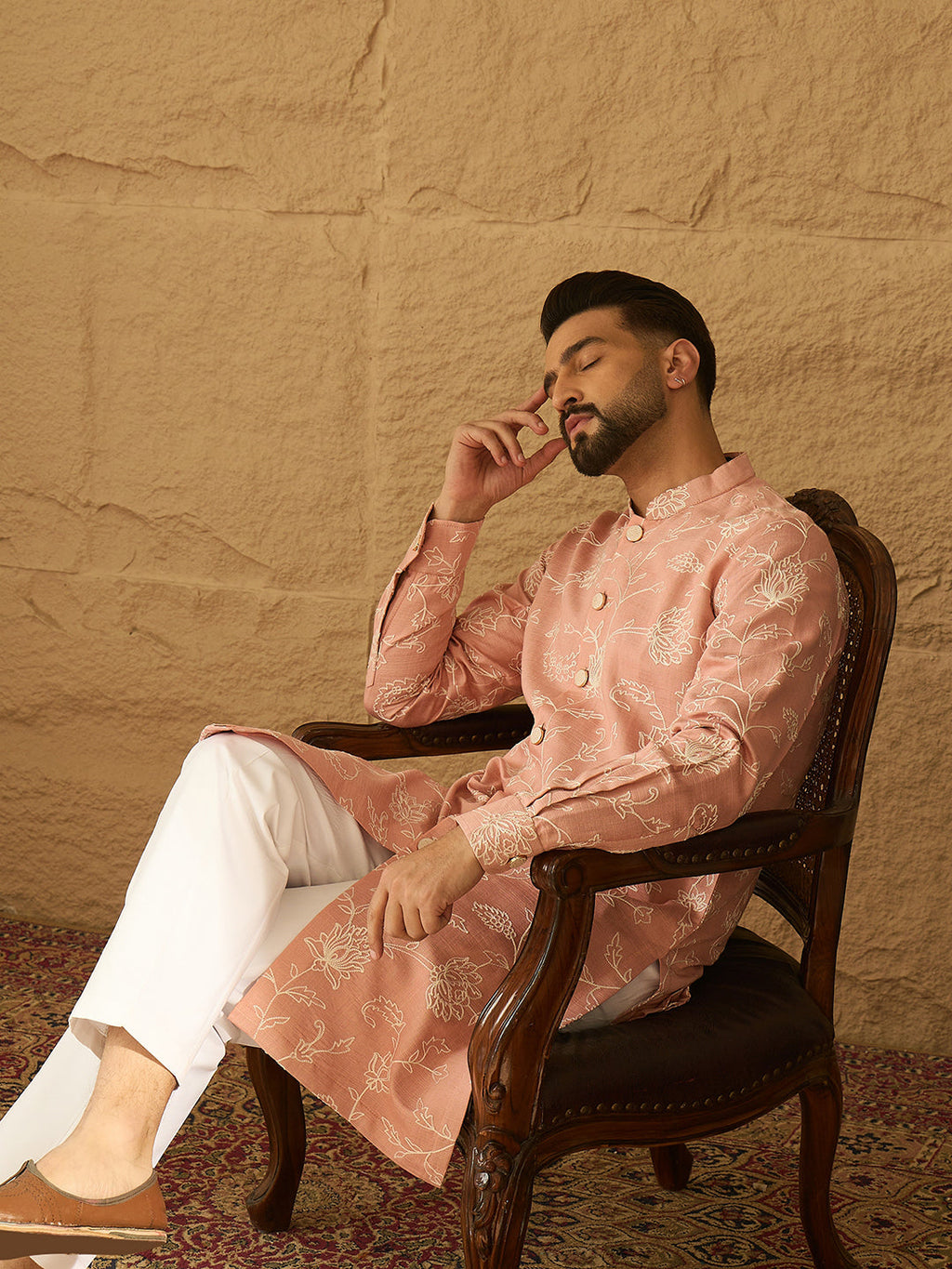 Men Peach Viscose Rayon Solid Embroidered Straight Kurta-MKU1705