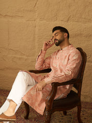 Men Peach Viscose Rayon Solid Embroidered Straight Kurta-MKU1705
