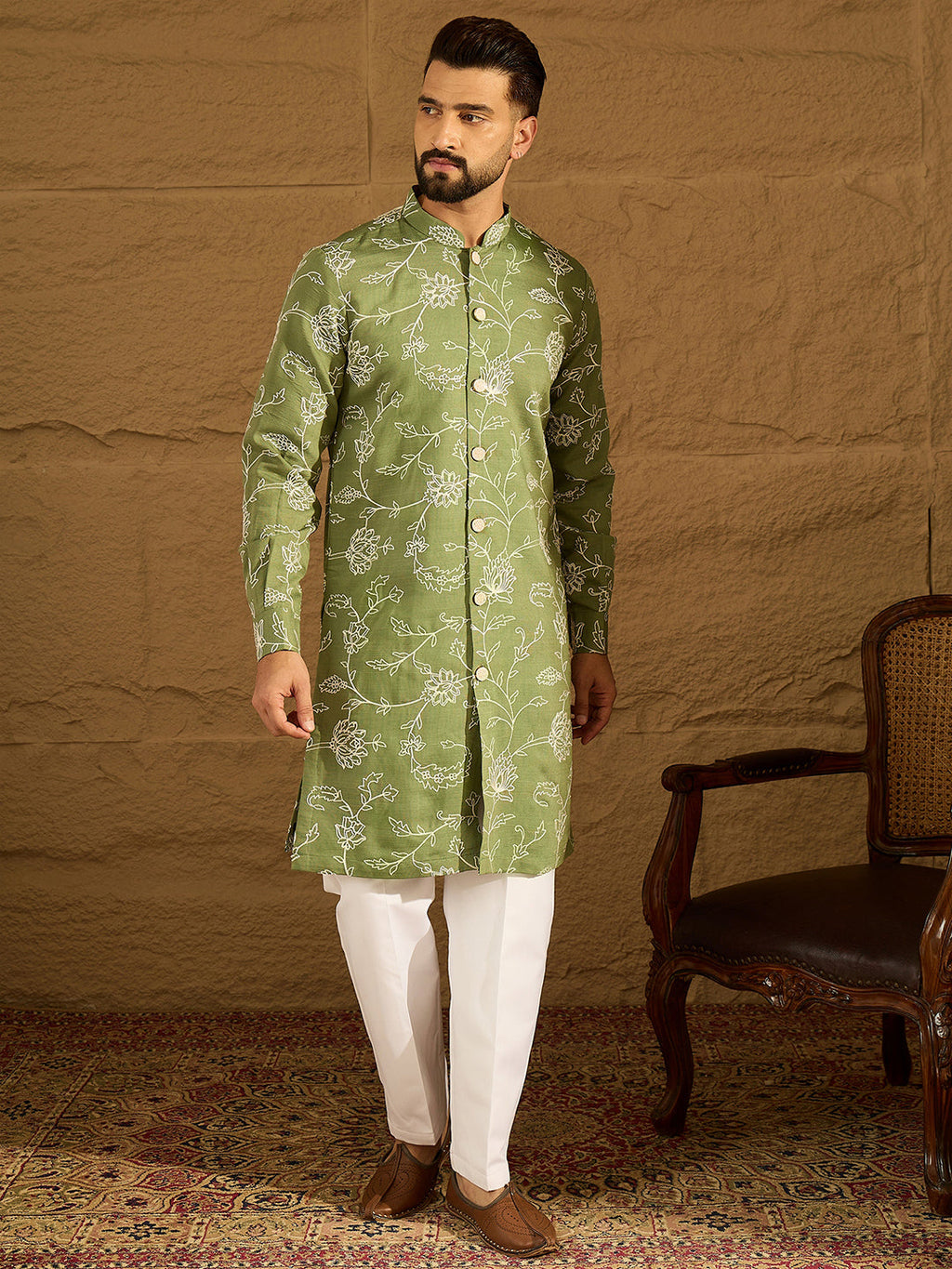 Men Green Viscose Rayon Solid Embroidered Straight Kurta-MKU1706