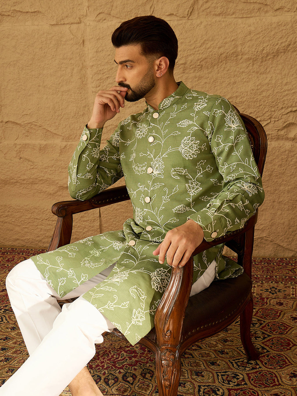 Men Green Viscose Rayon Solid Embroidered Straight Kurta-MKU1706