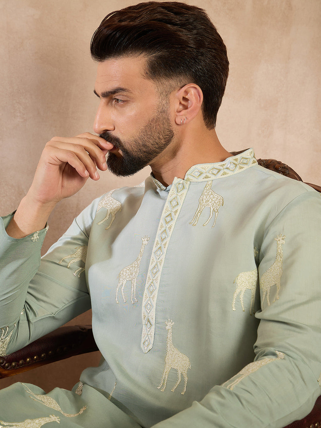 Men Blue Silk Blend Ombre Embroidered Straight Kurta-MKU1707