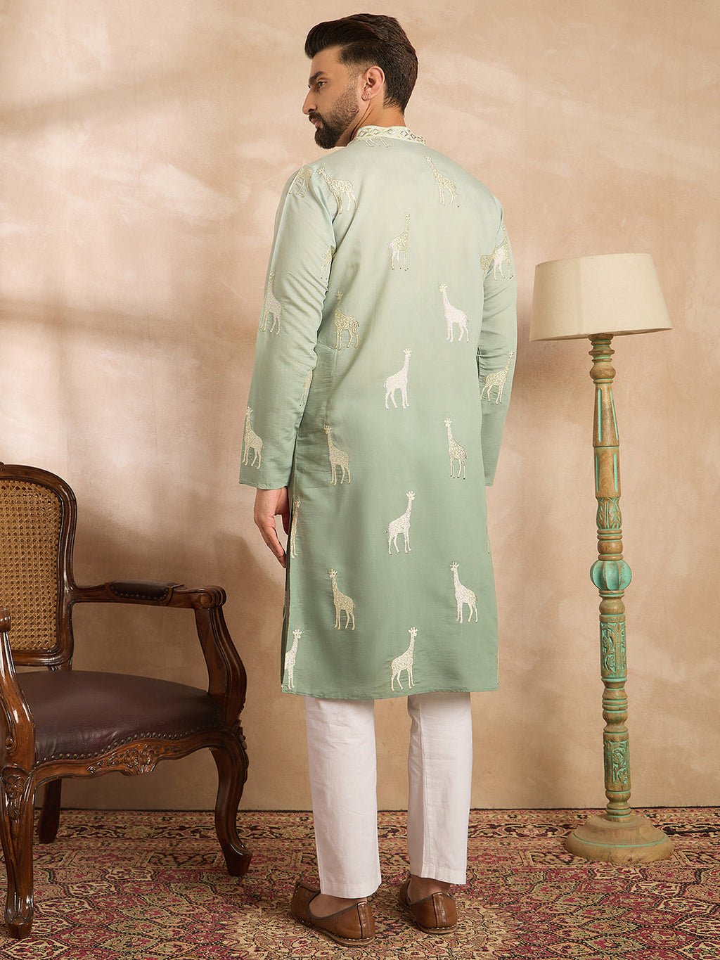 Men Blue Silk Blend Ombre Embroidered Straight Kurta-MKU1707