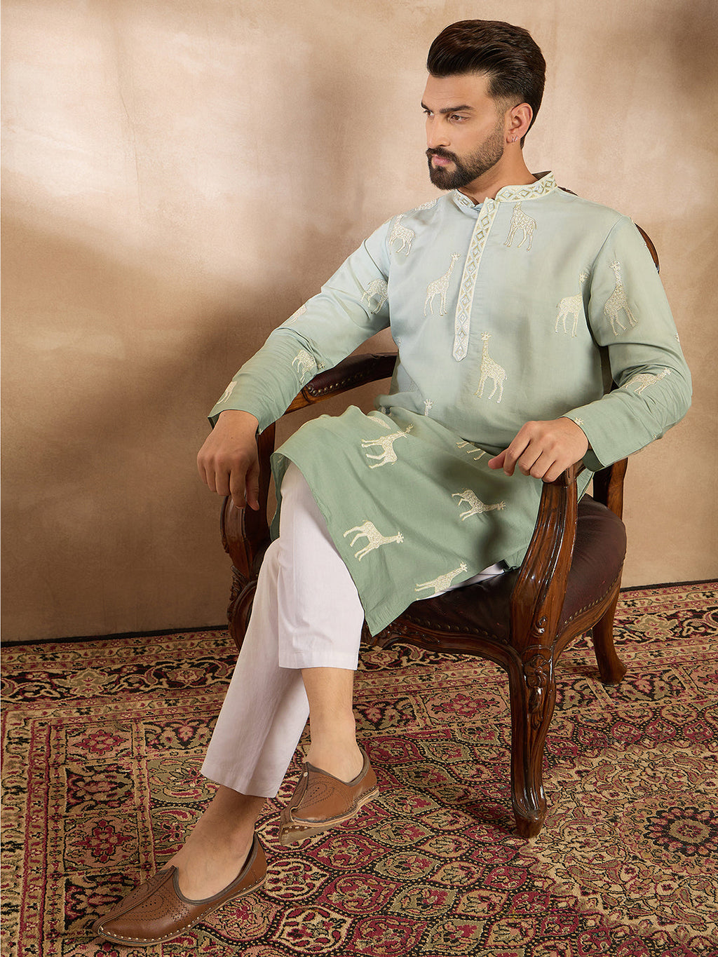Men Blue Silk Blend Ombre Embroidered Straight Kurta-MKU1707