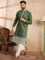 Men Green Silk Blend Solid Embroidered Straight Kurta-MKU1711