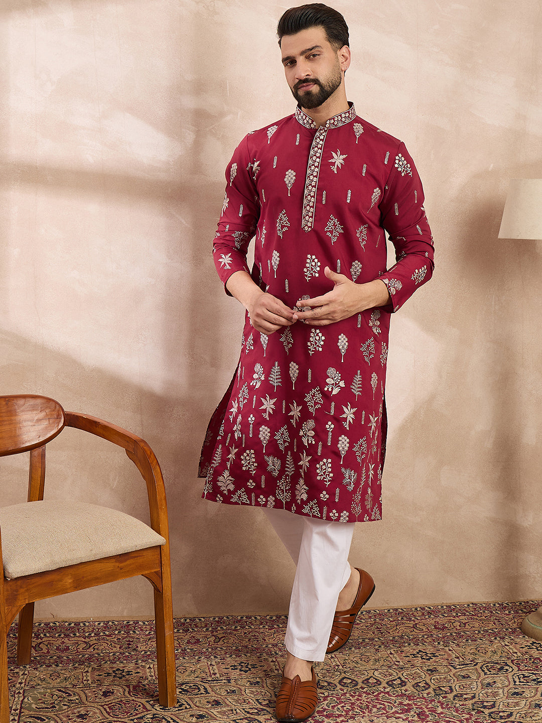 Men Maroon Silk Blend Solid Embroidered Straight Kurta-MKU1712