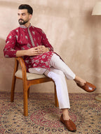 Men Maroon Silk Blend Solid Embroidered Straight Kurta-MKU1712