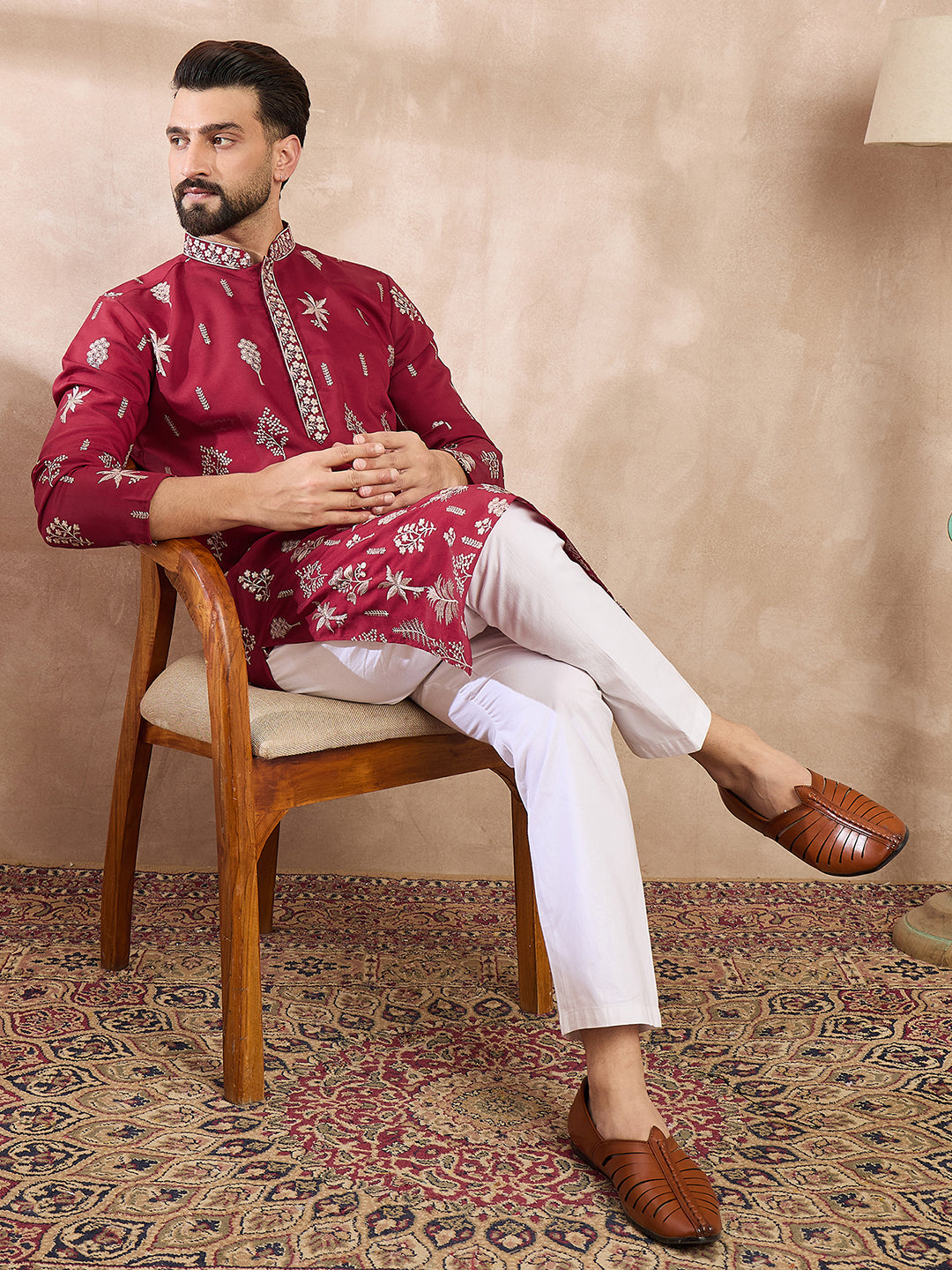 Men Maroon Silk Blend Solid Embroidered Straight Kurta-MKU1712