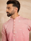 Men Pink Silk Blend Ombre Embroidered Straight Kurta-MKU1714