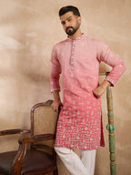 Men Pink Silk Blend Ombre Embroidered Straight Kurta-MKU1714