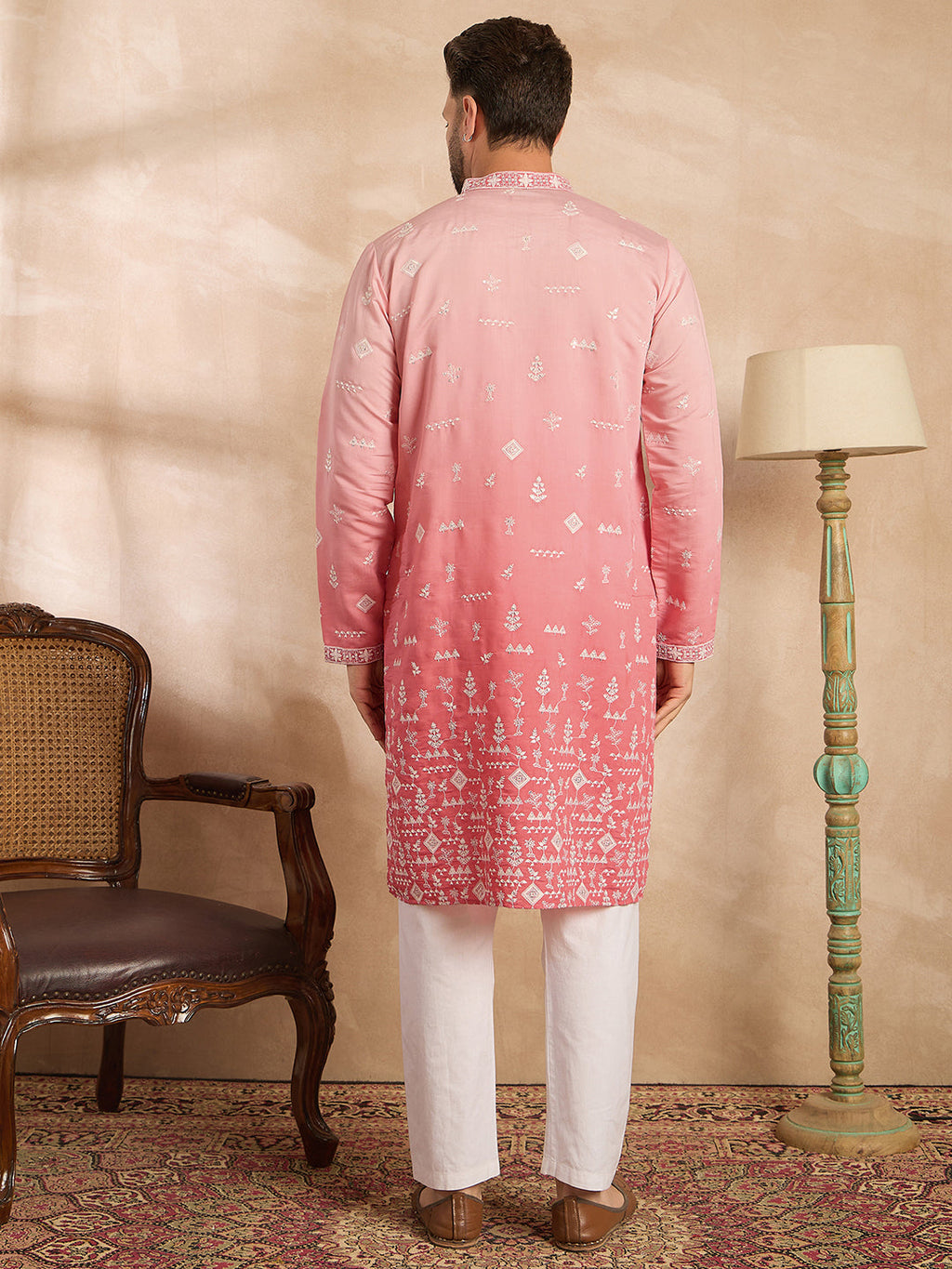 Men Pink Silk Blend Ombre Embroidered Straight Kurta-MKU1714