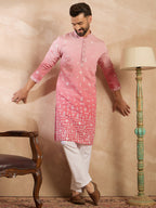 Men Pink Silk Blend Ombre Embroidered Straight Kurta-MKU1714