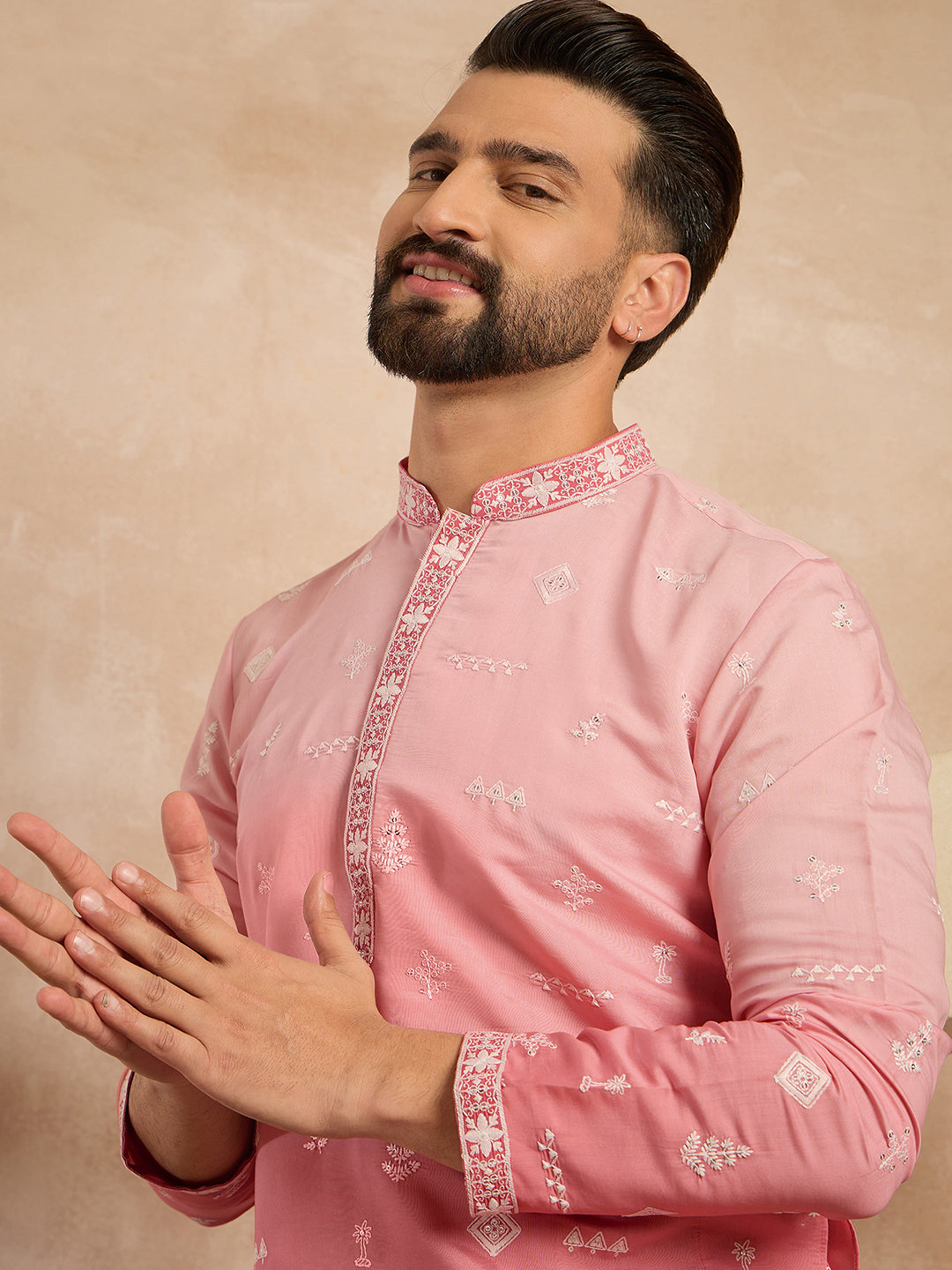 Men Pink Silk Blend Ombre Embroidered Straight Kurta-MKU1714