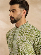 Men Green Viscose Rayon Batik Embroidered Straight Kurta-MKU1717