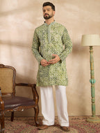 Men Green Viscose Rayon Batik Embroidered Straight Kurta-MKU1717