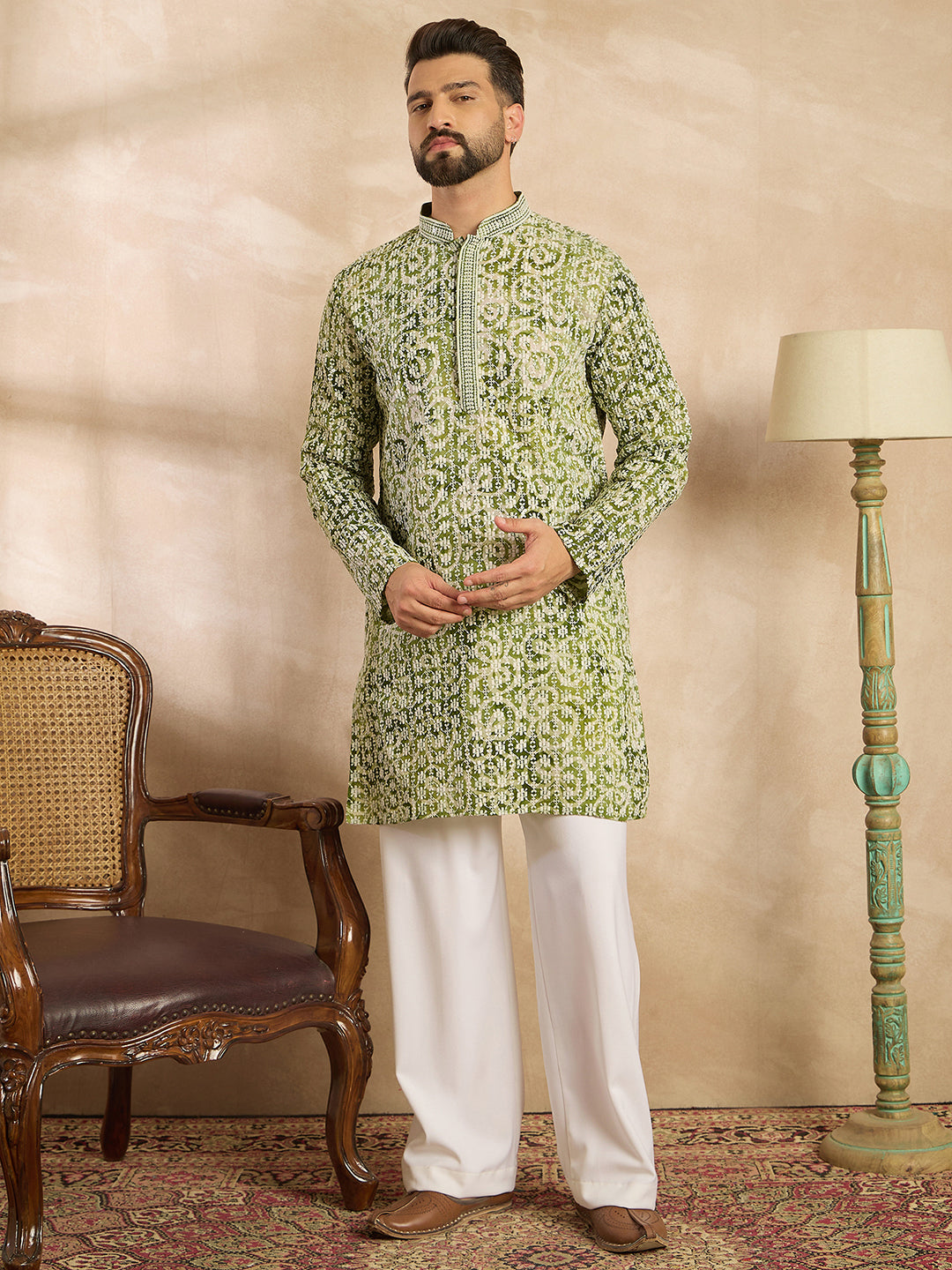Men Green Viscose Rayon Batik Embroidered Straight Kurta-MKU1717