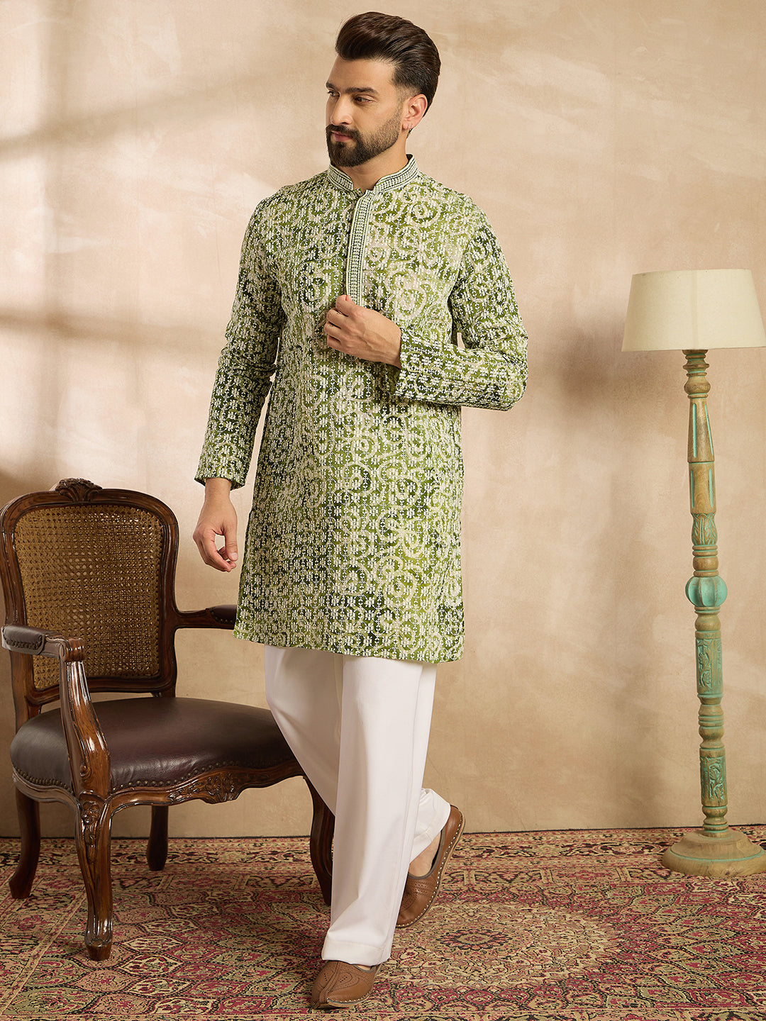 Men Green Viscose Rayon Batik Embroidered Straight Kurta-MKU1717