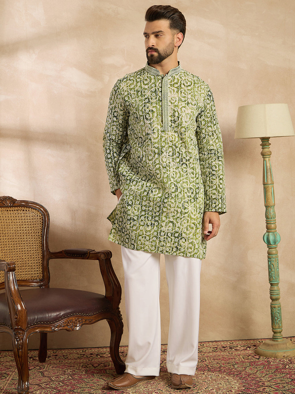 Men Green Viscose Rayon Batik Embroidered Straight Kurta-MKU1717