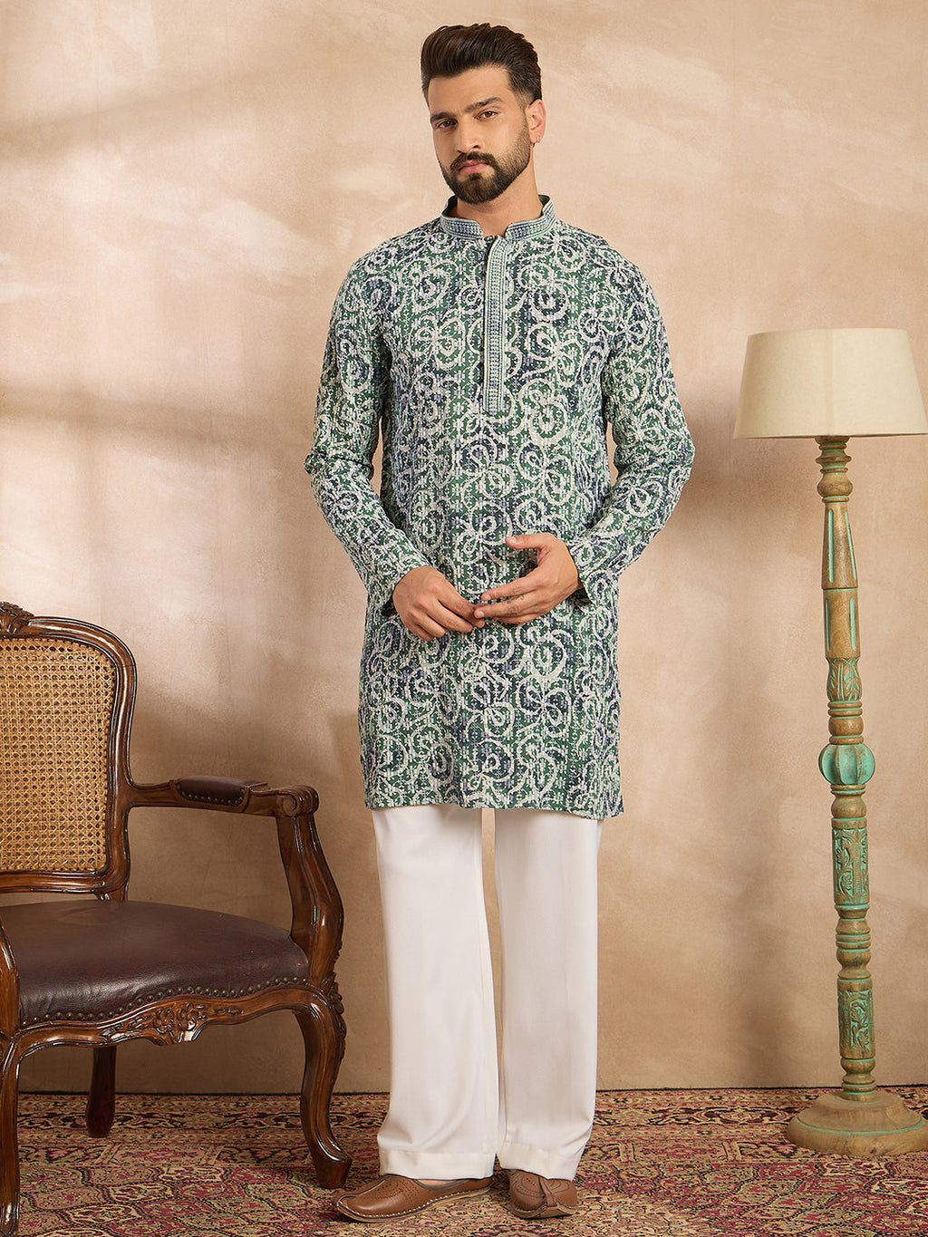 Men Green Viscose Rayon Batik Embroidered Straight Kurta-MKU1718