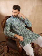 Men Green Viscose Rayon Batik Embroidered Straight Kurta-MKU1718