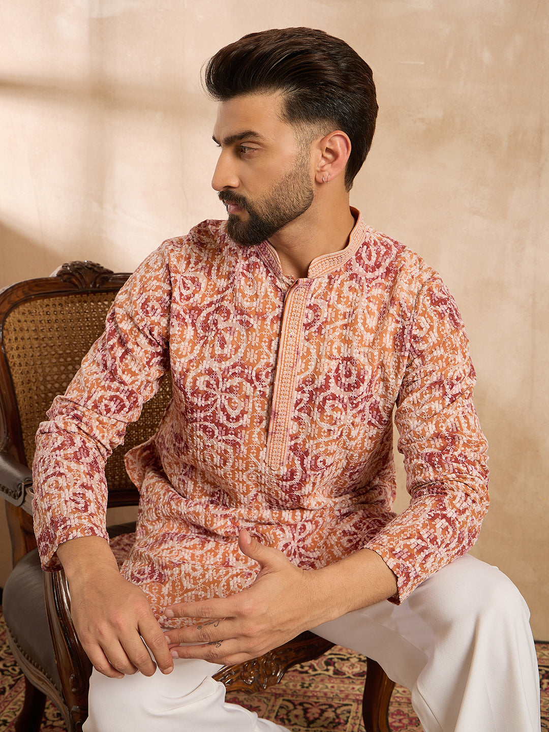 Men Orange Viscose Rayon Batik Embroidered Straight Kurta-MKU1719