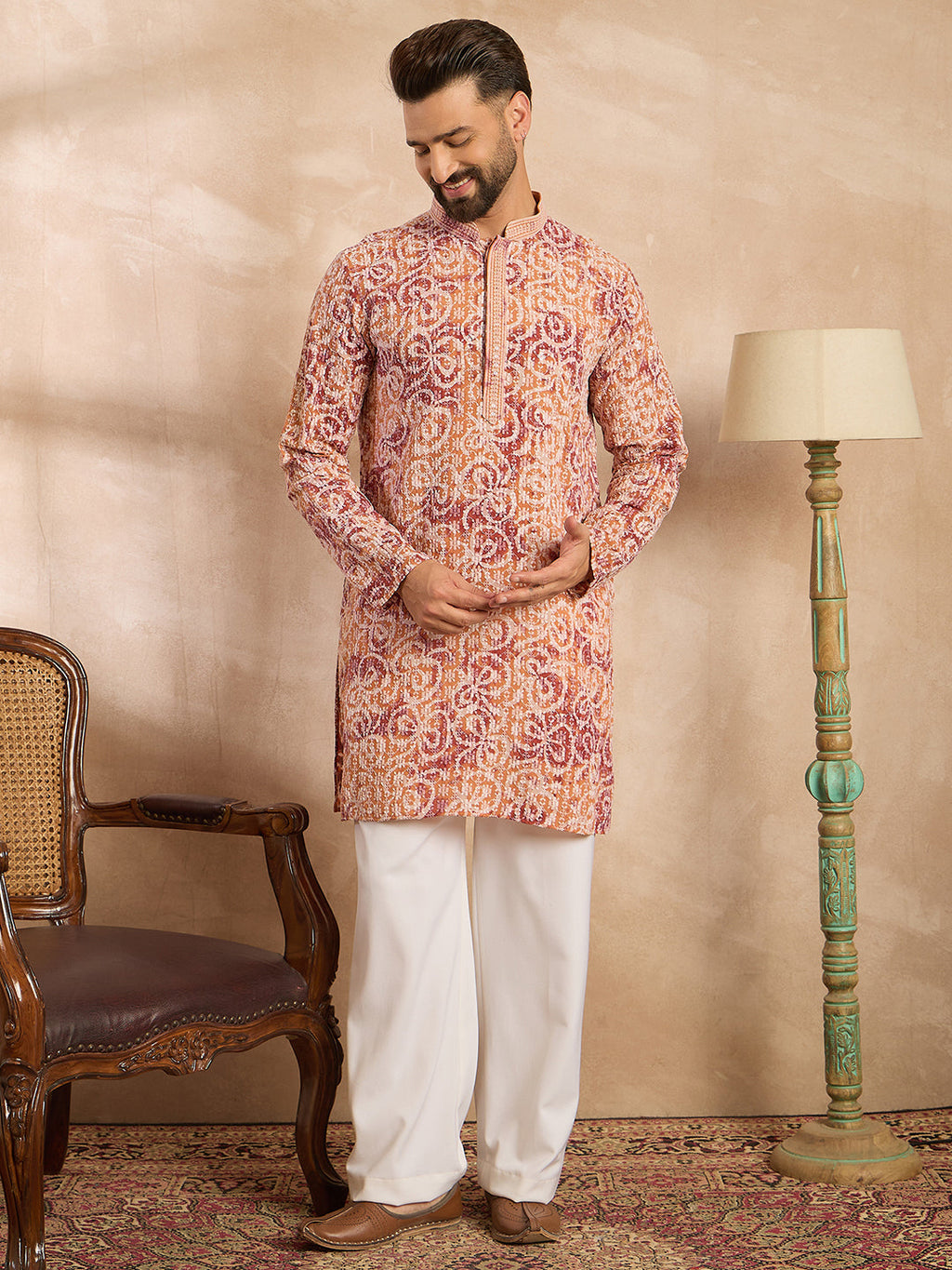 Men Orange Viscose Rayon Batik Embroidered Straight Kurta-MKU1719