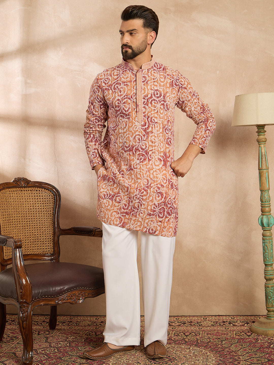 Men Orange Viscose Rayon Batik Embroidered Straight Kurta-MKU1719