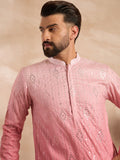 Men Pink Silk Blend Ombre Embroidered Straight Kurta-MKU1720