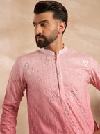 Men Pink Silk Blend Ombre Embroidered Straight Kurta-MKU1720