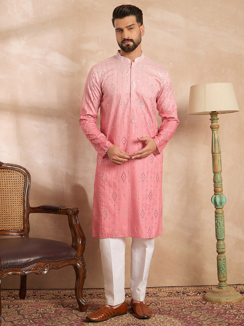 Men Pink Silk Blend Ombre Embroidered Straight Kurta-MKU1720
