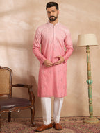 Men Pink Silk Blend Ombre Embroidered Straight Kurta-MKU1720