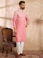 Men Pink Silk Blend Ombre Embroidered Straight Kurta-MKU1720