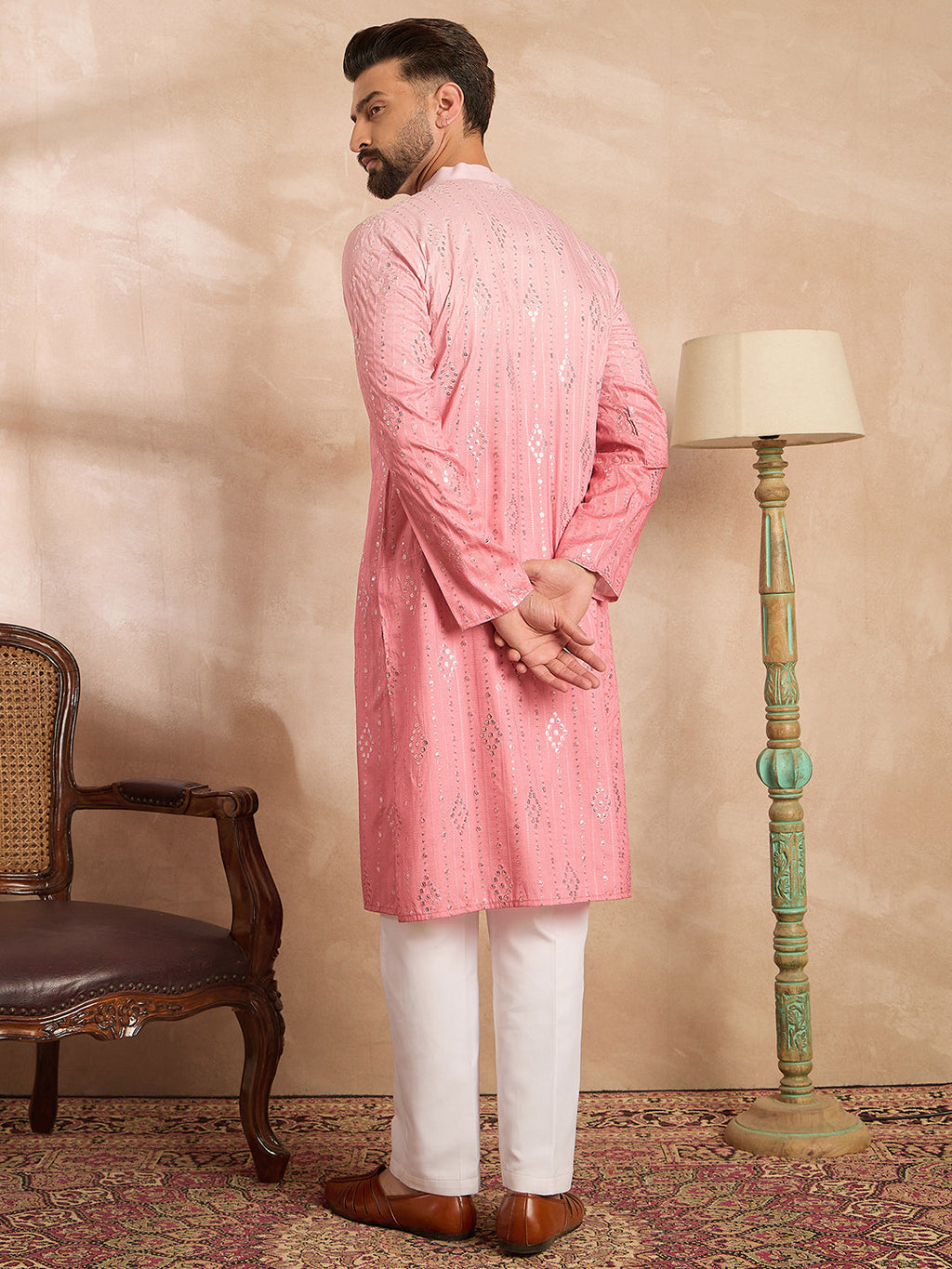 Men Pink Silk Blend Ombre Embroidered Straight Kurta-MKU1720
