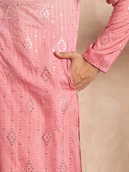 Men Pink Silk Blend Ombre Embroidered Straight Kurta-MKU1720