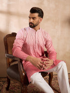 Men Pink Silk Blend Ombre Embroidered Straight Kurta-MKU1720