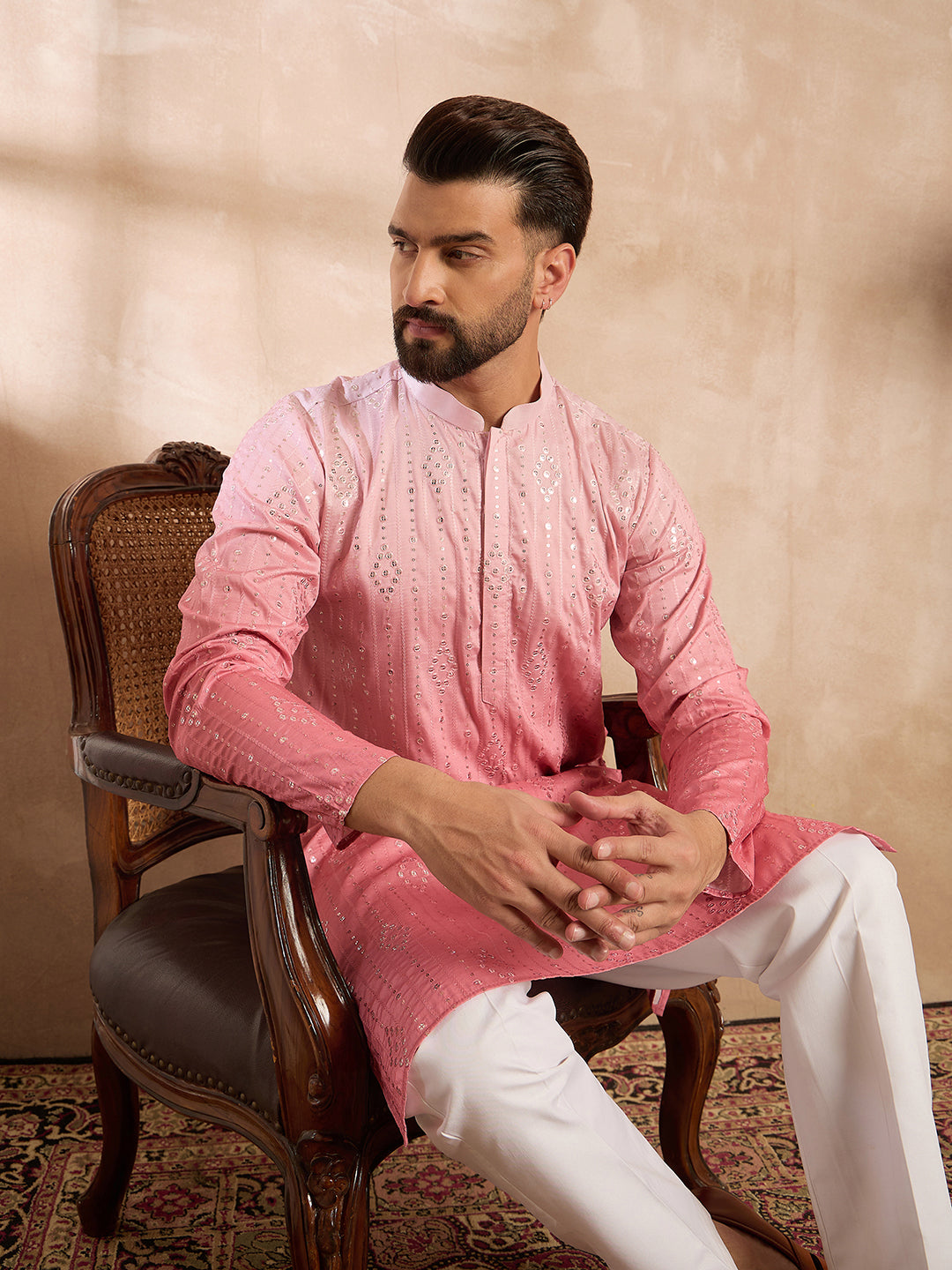 Men Pink Silk Blend Ombre Embroidered Straight Kurta-MKU1720