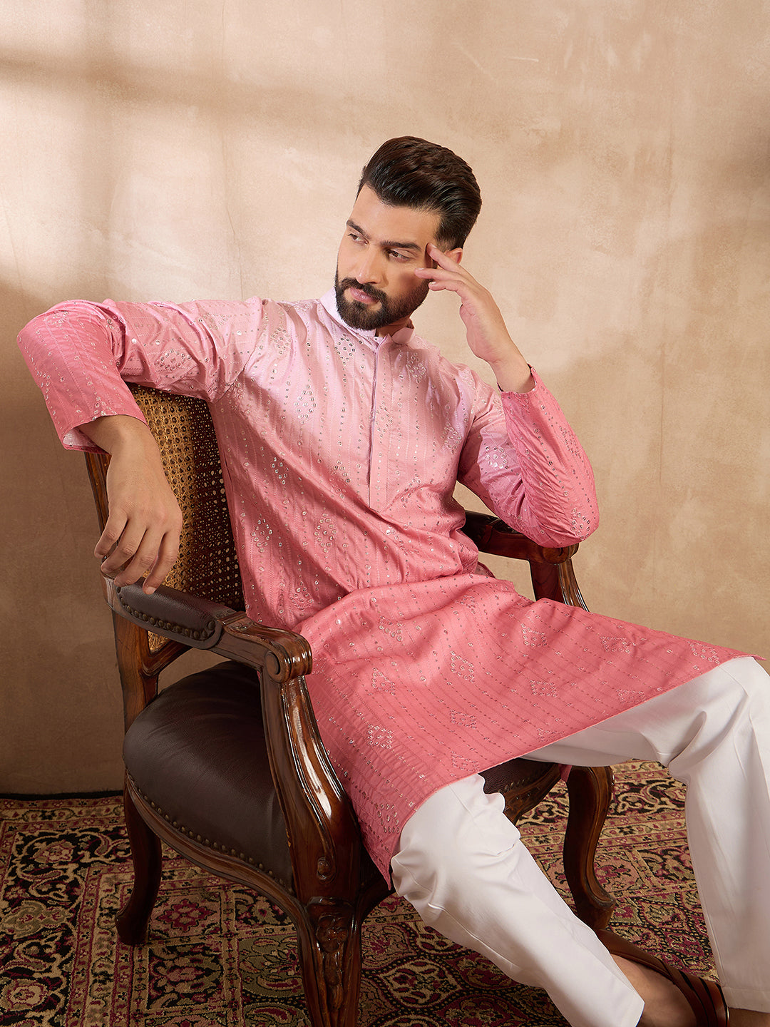 Men Pink Silk Blend Ombre Embroidered Straight Kurta-MKU1720