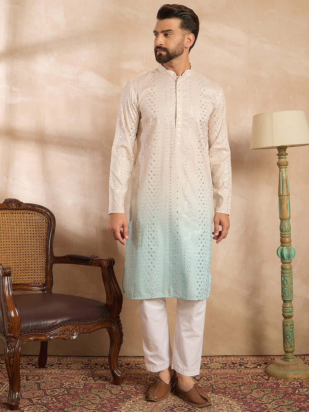 Men Blue Silk Blend Ombre Embroidered Straight Kurta-MKU1721