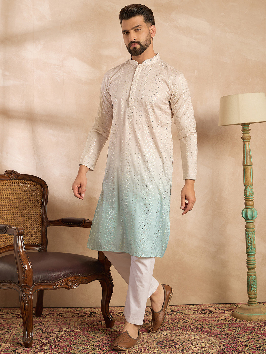 Men Blue Silk Blend Ombre Embroidered Straight Kurta-MKU1721